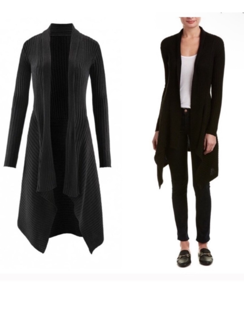 Cabi Long Line Ribbed Open Front Cardigan Sweater Womens L Black